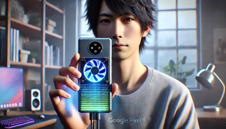 自宅のデスクでGoogle Pixel 9のゲーム環境を整える日本人ユーザー。スマホ用クーラーとコントローラーグリップを併用し、快適なゲームプレイのために準備している様子を表現した16:9の横長イメージ。