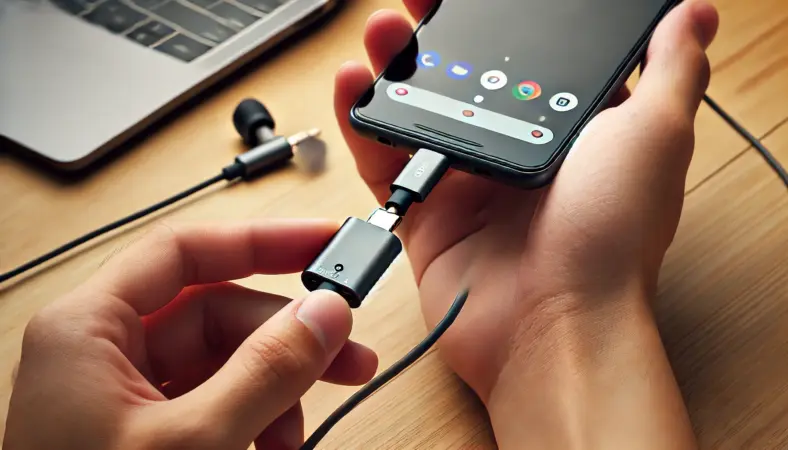 Google PixelにUSB-Cから3.5mmイヤホンジャックへの変換アダプタを接続している日本人ユーザーの手元。透明ケースからDACチップが見える高品質アダプタが使用されている。