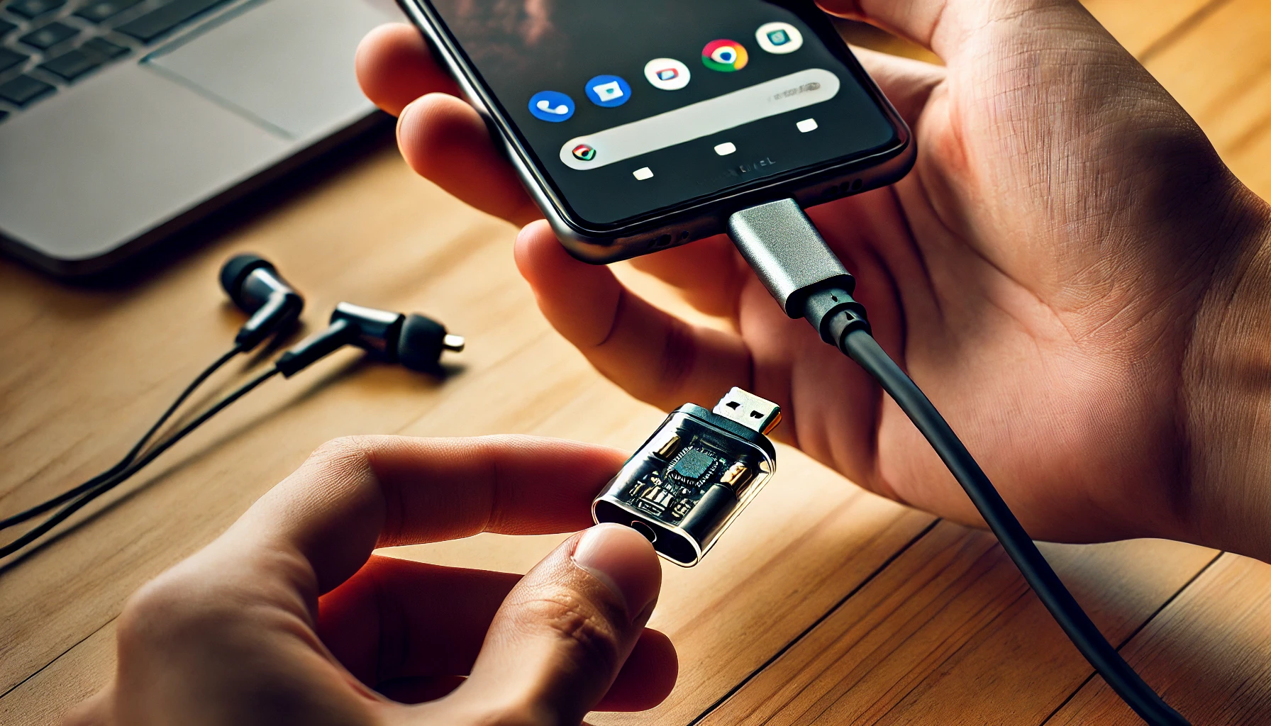 Google PixelにUSB-Cから3.5mmイヤホンジャックへの変換アダプタを接続している日本人ユーザーの手元。透明ケースからDACチップが見える高品質アダプタが使用されている。