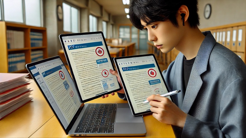 複数のアプリを使い分けて、ノート、PDF、タスクを同時に管理している日本人大学生。iPadで効率的に勉強する様子。