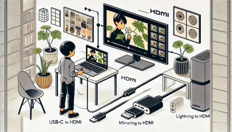 HDMIでiPadと外部モニターを接続し、ミラーリング表示によりモニター左右に黒帯が出ている状態を描いたイラスト。日本人の人物が確認中のシーン。
