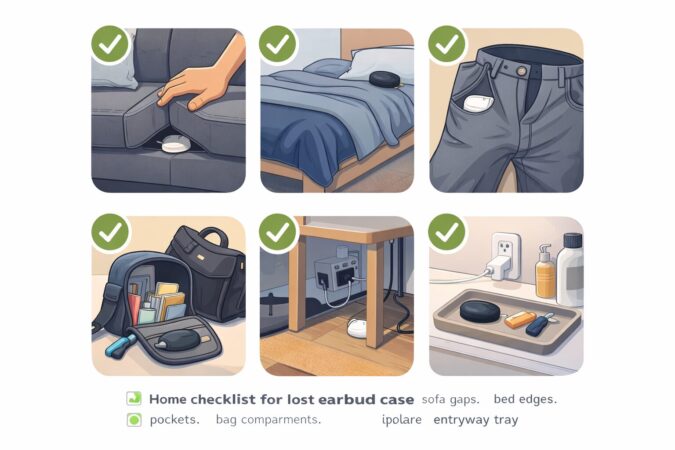 Home checklist for lost earbud case sofa gaps, bed edges, pockets, bag compartments, under desk, near cables, floor corners, entryway tray