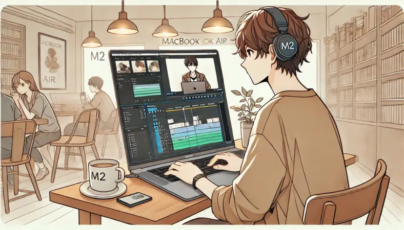 M2チップ搭載のMacBook Airで短尺動画を編集している日本人ユーザーが、カフェでリラックスしながら作業している様子を描いたアニメ風イラスト。外付けSSDも使用し、軽めの編集を快適に行っている。