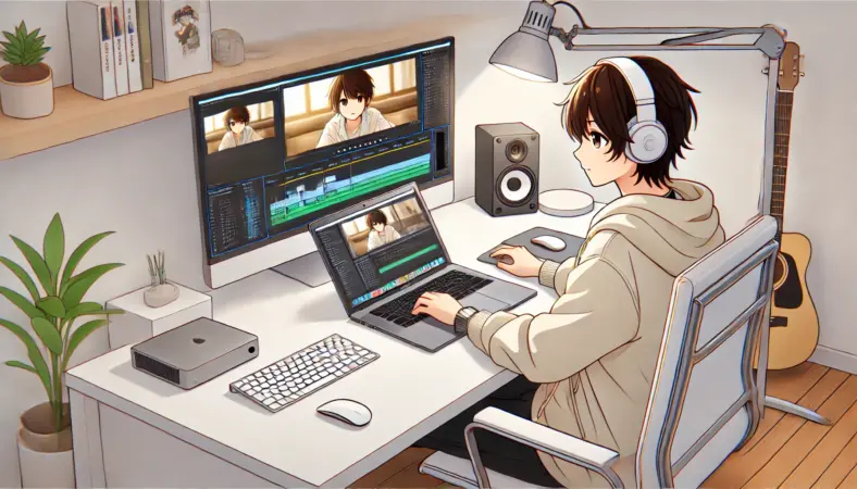 MacBook Airで動画編集を快適に行う日本人ユーザーが、外部モニターと外付けSSDを活用しながら効率的に作業している様子のアニメ風イラスト。清潔で整った作業環境と集中した表情が快適さを強調する。