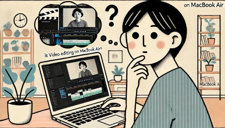 MacBook Airで動画編集を試みる日本人が、表情に不安や疑問を浮かべている様子のイラスト。小さな自宅ワークスペースを背景に、編集作業の可能性を探っているシーンが描かれている。