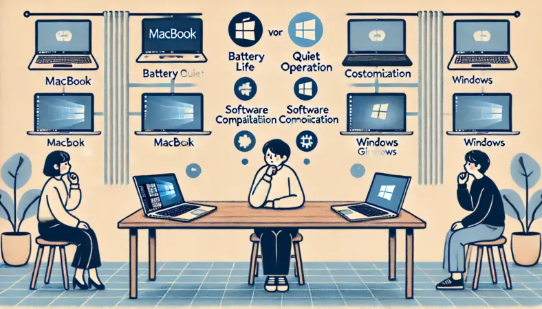 日本人のユーザーがMacBookとWindowsパソコンを机の左右で比較しながら、用途や生活スタイルに合った選択を考えている様子