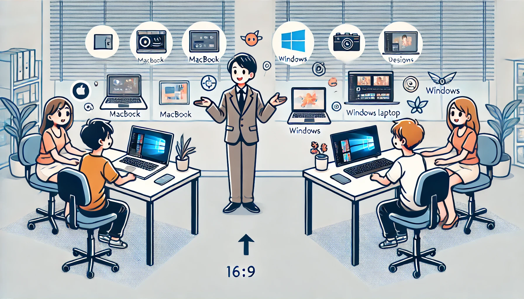 日本人のIT専門家が、MacBookとWindowsパソコンを用途別に比較しているシーン。デスクに並べられた2台のPCと、それぞれの使用目的を示すアイコンが描かれている