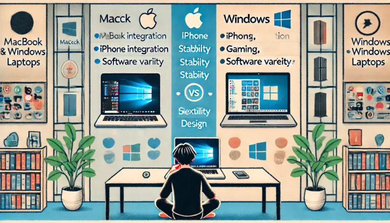 日本人のユーザーがMacBookとWindowsパソコンの特徴を比較して悩んでいる様子。画面は左右に分かれ、各OSの強みを示すアイコンが表示されている