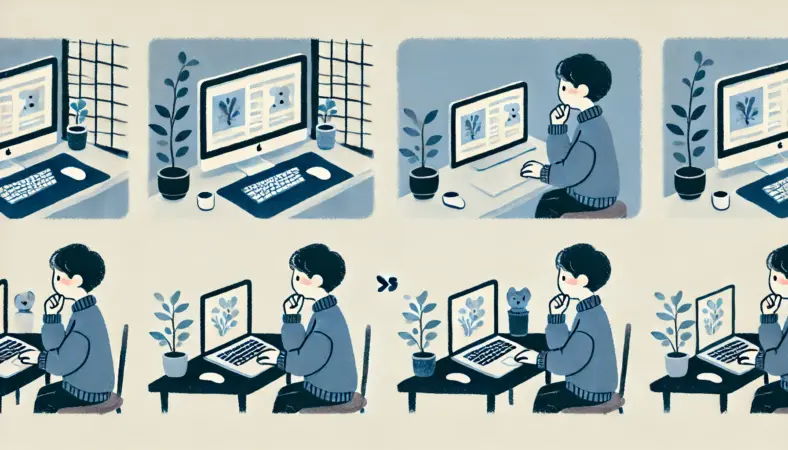 自宅でMacBookを使う日本人が、マウスと外部モニターを使った環境と、トラックパッドのみで作業する環境を比較しているイラスト。それぞれの利便性を検討している様子