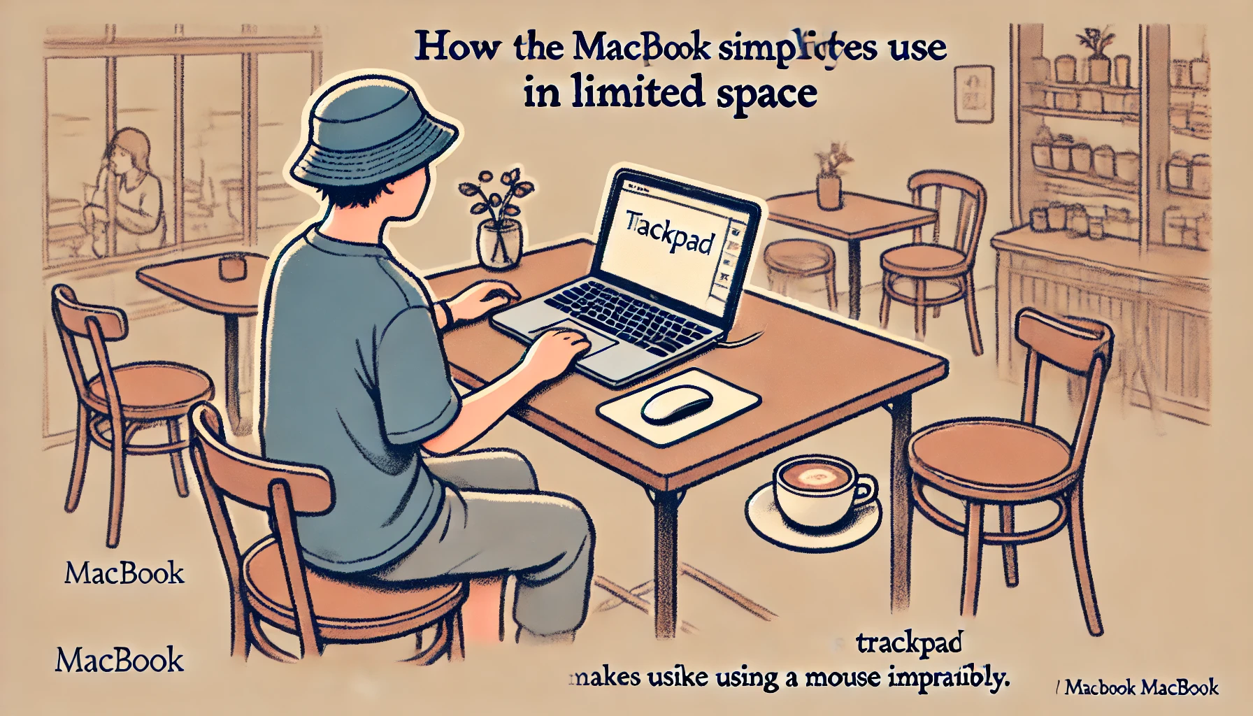 狭いカフェのテーブルでMacBookを使用する日本人の大人が、トラックパッドだけで快適に作業している様子。マウスを使わずに省スペースで効率よく操作している状況を示すイラスト