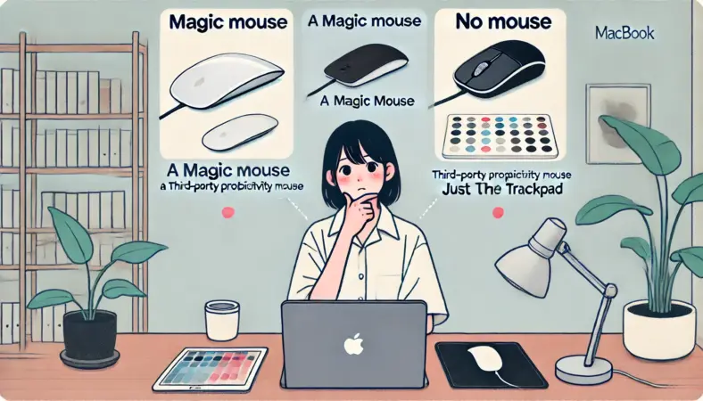 日本人ユーザーが、MacBookの前でMagic Mouse、サードパーティ製マウス、トラックパッドのみの3つの選択肢を比較しているイラスト。それぞれの特性を考慮しながら、自分に合うスタイルを選ぼうとしている様子