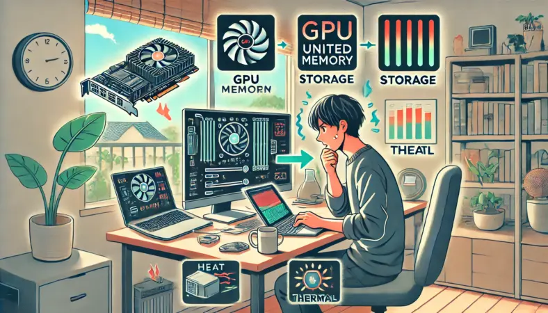 自宅のデスクでMacBookを操作する日本人男性が、GPUやメモリ、ストレージのボトルネックによるパフォーマンス低下に悩んでいる様子を描いたイラスト。周囲に熱やメモリを象徴する障害が視覚化され、ハイエンドな機器と対照的に苦戦する姿を表現。16:9のワイド画角で、現代的な作業環境と不快な操作感のギャップが強調されている。