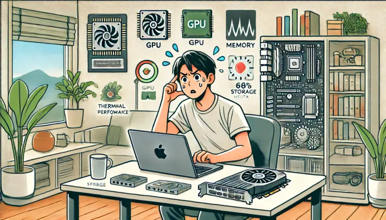 自宅のモダンなデスクでMacBookを使いながら、GPUやメモリ、ストレージ、熱によるパフォーマンスの悩みに直面する日本人男性のイラスト。視覚的に問題の要因が描かれ、現実的な最適化策を模索する様子が表現されている。