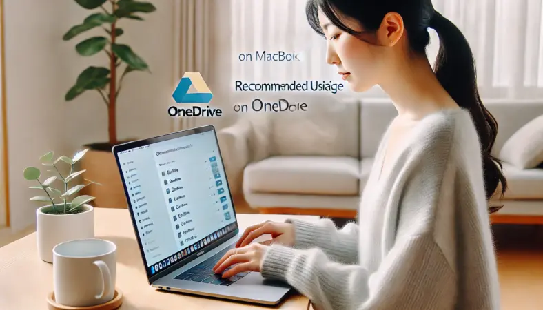 MacBookでOneDriveの設定を確認しながら、快適なホームオフィスで作業する日本人女性。整った環境の中で、クラウドストレージの活用法を冷静に検討している様子。