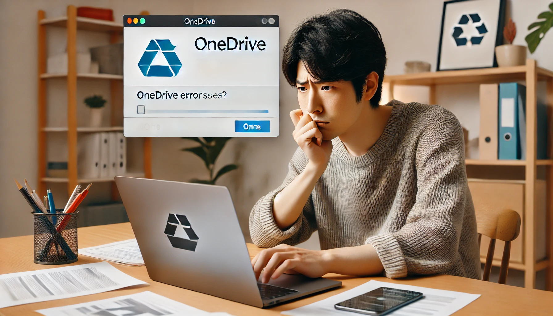 自宅のデスクでMacBookを使い、OneDriveの同期エラーに困惑する日本人男性の様子。周囲にはトラブル対処のメモや資料が散らばっており、実際の使用トラブルの場面をリアルに表現。