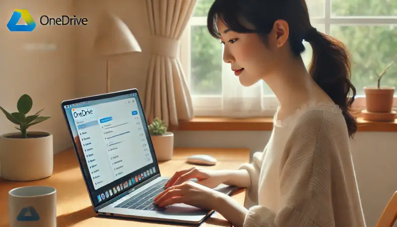 自宅の明るい作業スペースで、MacBookのOneDrive設定を落ち着いて操作する日本人女性。初期設定中の雰囲気が伝わる、整った環境での利用シーン。