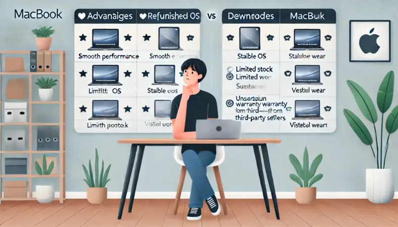 日本人の利用者がMacBookのメリットと整備品のデメリットを比較している様子。机の上にはパフォーマンスや連携の利点、在庫不足や外観の問題などを示すアイコンが浮かんでいる