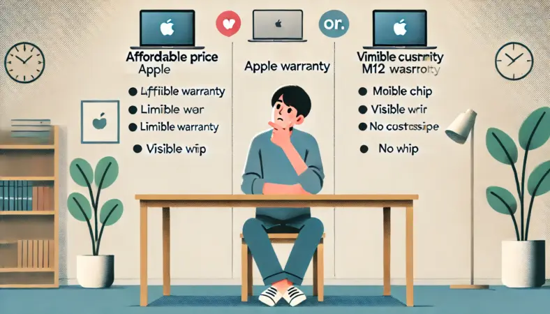 日本人の若者が整備済みMacBookのメリットとデメリットを天秤にかけて悩んでいる様子。デスクの上には利点と欠点のアイコンが浮かび、落ち着いた部屋で慎重に検討しているシーン