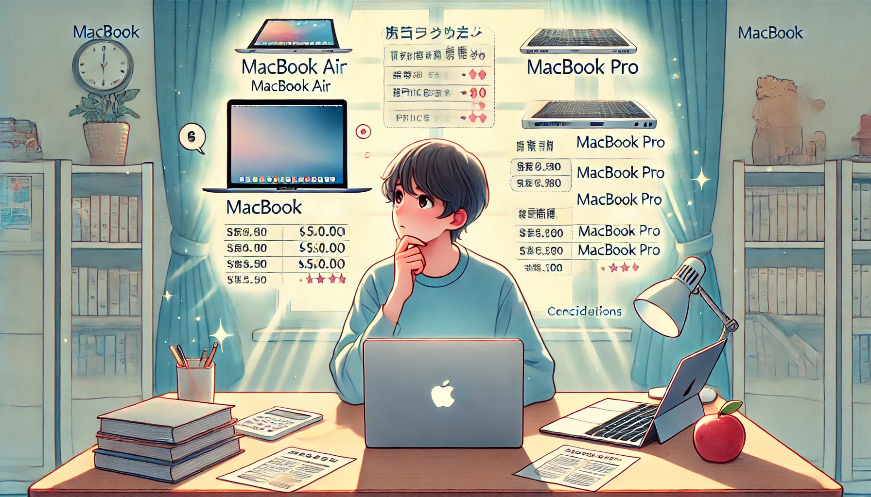 日本人の大学生がMacBook AirとProのスペックや価格を比較して悩んでいるシーン。チェックリストや価格ラベルが空中に浮かび、慎重な判断の様子が描かれている。