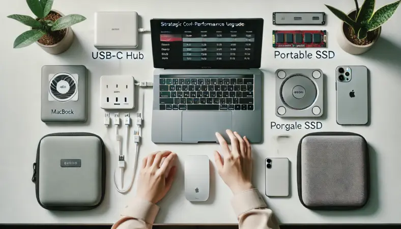 MacBook風ノートPCを中心に、USB-Cハブ、ポータブルSSD、薄型スタンド、保護ケースを整然と配置した日本人の作業環境。賢く補強して快適性を高めたコスパ重視のデスク構成