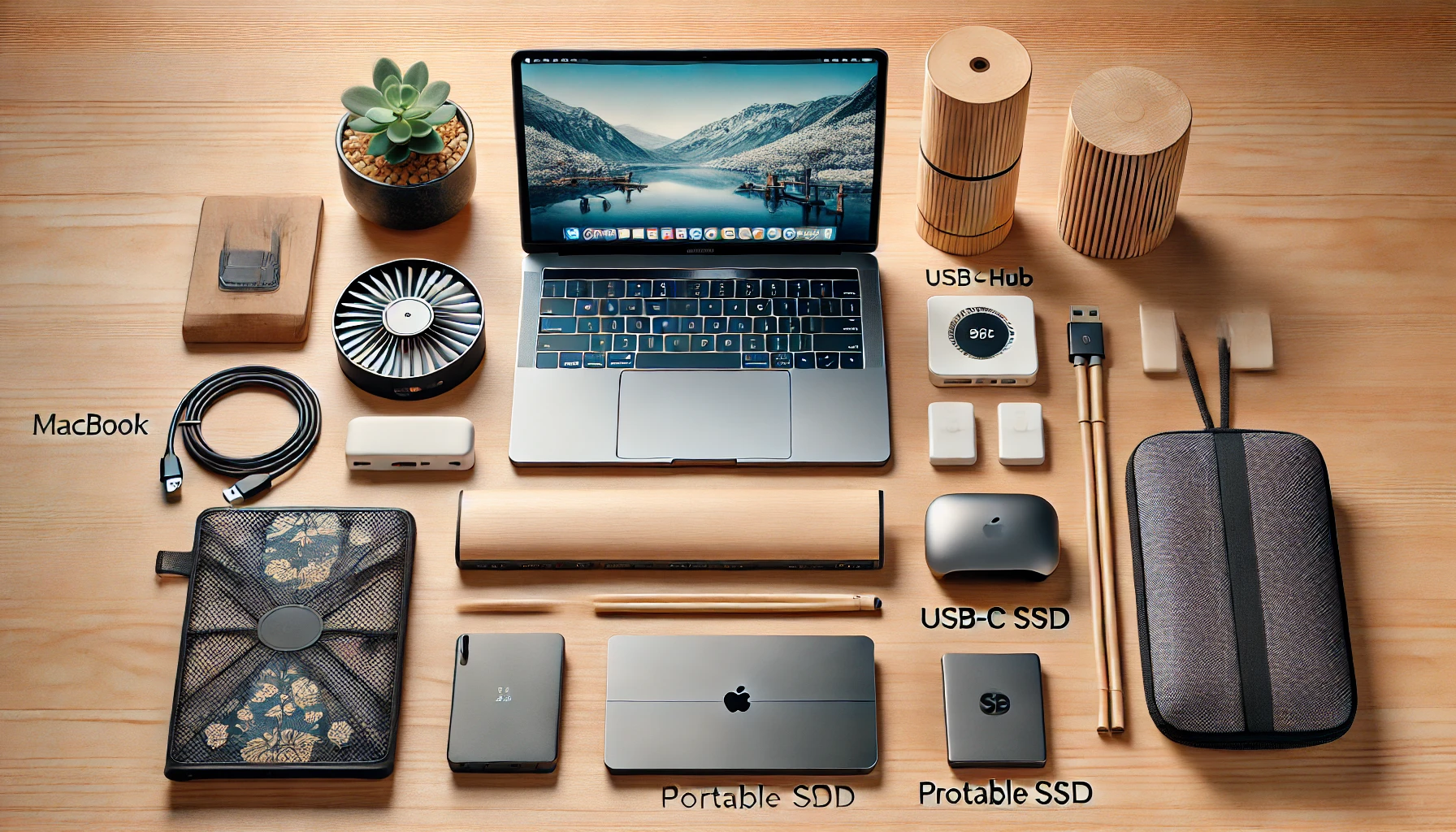 MacBookと一緒に使うUSB-Cハブ、ポータブルSSD、保護ケース、薄型スタンドが整然と並んだ、日本のミニマルな木製デスク環境のフラットレイアウト
