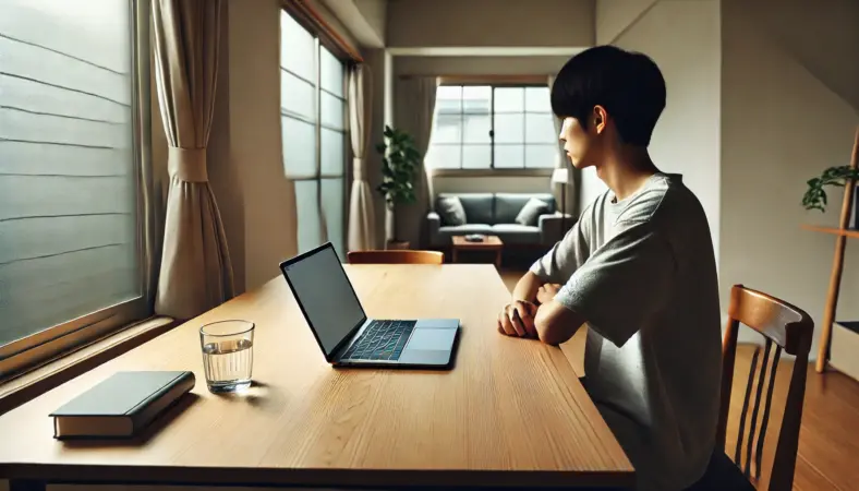 日本人ユーザーが木製デスクでスリムなシルバーのノートパソコンを使用している様子。MacBook廉価版の現実的な使用シーンを再現した日常的で自然な作業風景