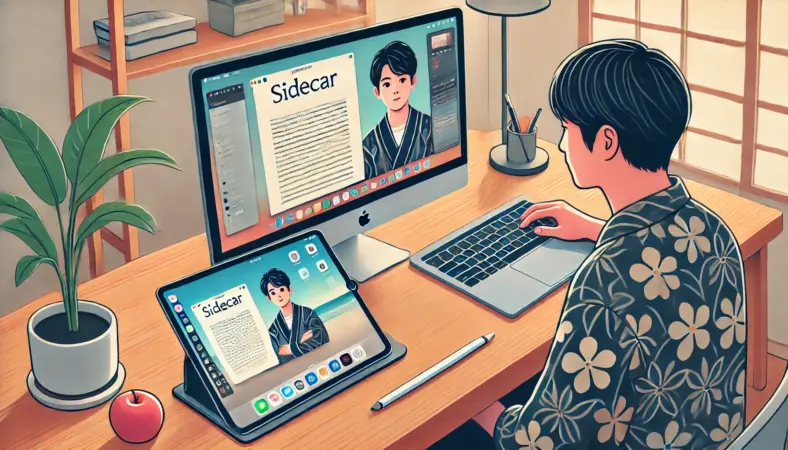 MacBookの画面をSidecar機能でiPadに拡張表示し、作業と参照を分担して使う日本人男性のワークスペースを描いたイラスト。Apple Pencilも机上に配置。