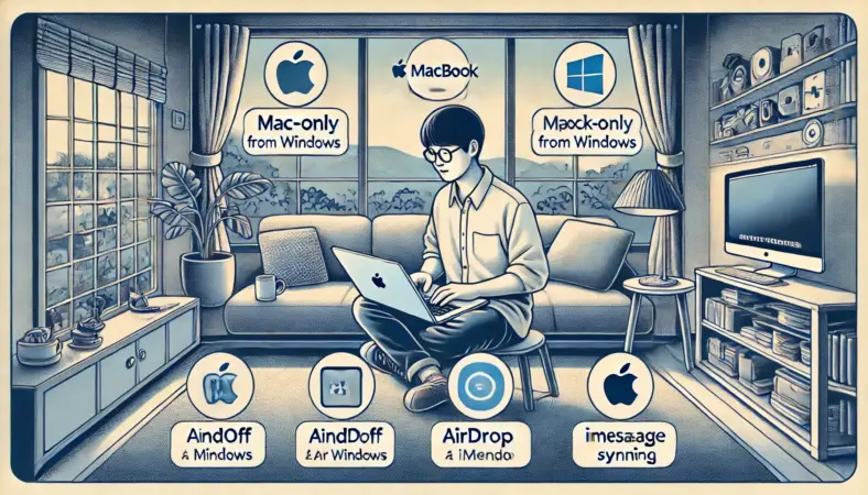 日本人のユーザーがMacBookを使って、AirDropやHandoff、iMessageなどApple独自機能を活用している様子。iPhoneとの連携で快適に作業する姿が描かれている