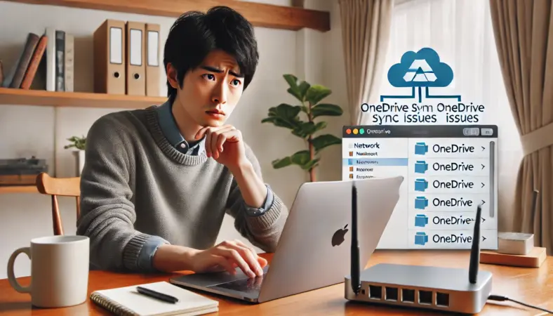 MacBookでOneDriveの同期エラーを確認しながらネットワーク設定やフォルダ構造を見直している日本人男性。自宅のデスクで冷静にトラブル対応を進める様子が伝わる。