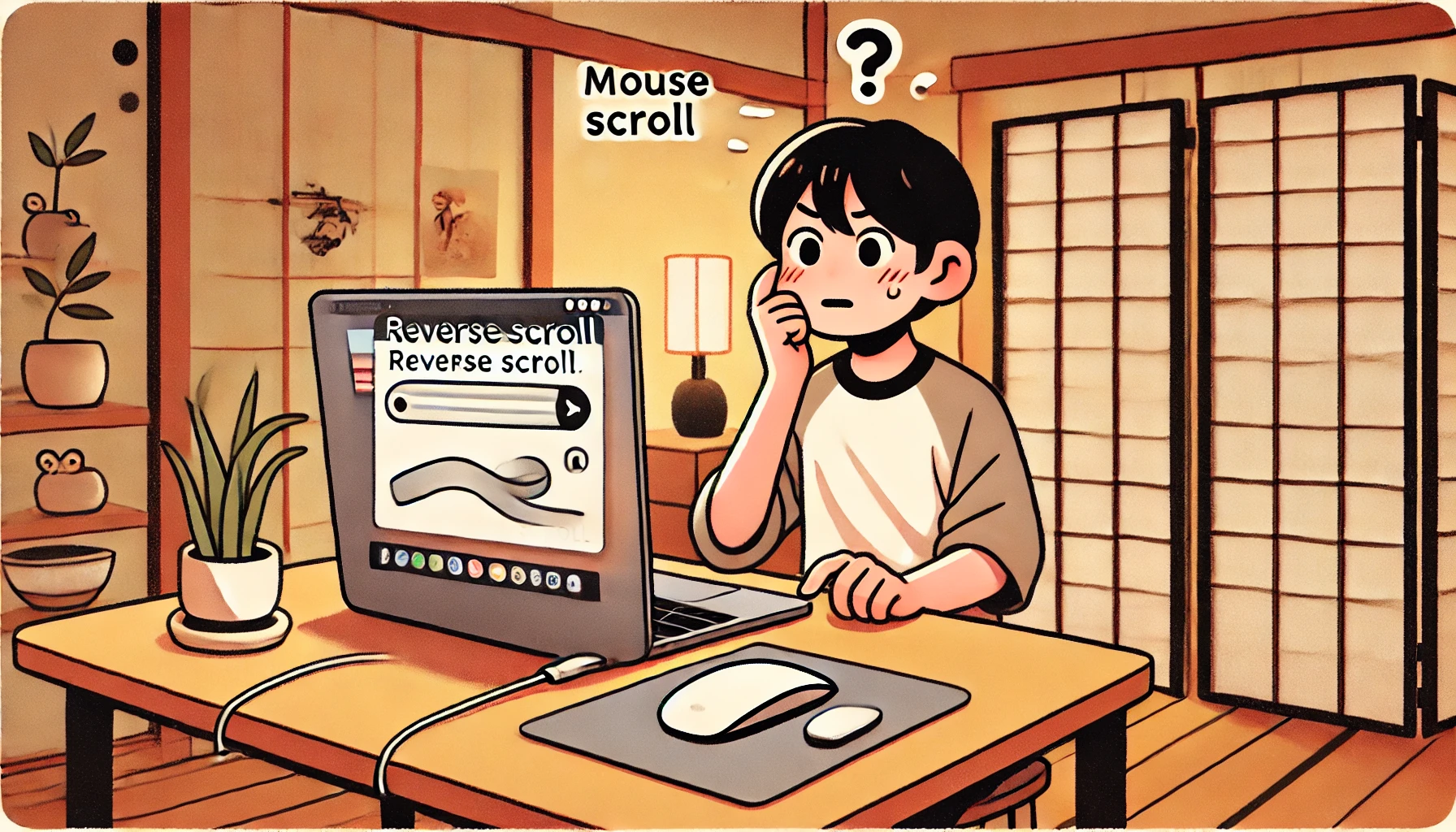 自宅の和風デスクでMacBookを操作する日本人男性が、マウスの逆スクロールに戸惑う様子を描いたイラスト。背景には観葉植物と障子がある。