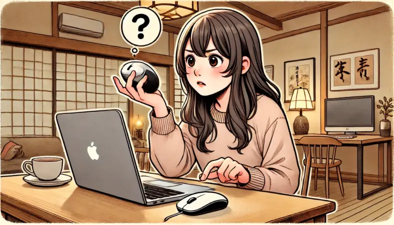 Macのマウススクロール挙動に困惑する日本人の若い女性が、MacBookとワイヤレスマウスを使いながら悩む様子のイラスト。和モダンな室内で描かれている。