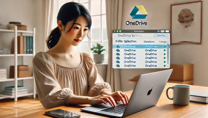 MacBookでOneDriveのフォルダ同期設定を調整している日本人女性。容量節約を意識した選択同期の設定を確認する様子で、ミニマルなデスク環境が軽量化のコンセプトを象徴している。