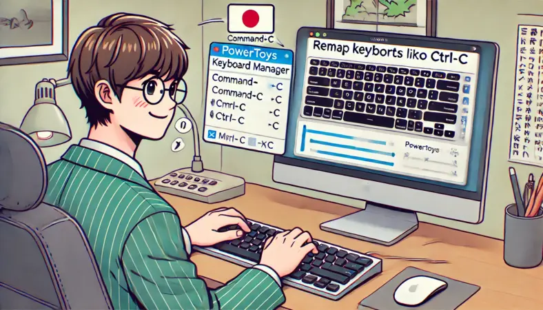 Windowsパソコン上でPowerToysのKeyboard Managerを使い、MacのCommandキーをCtrlキーとして再割り当てしている日本人ユーザーのイラスト。ショートカットの動作をMac風に調整している様子が描かれている。