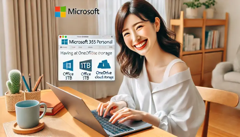 MacBookでMicrosoft 365 Personalを活用し、Officeアプリと1TBのOneDriveストレージを満足げに使っている日本人女性。明るく整った室内で快適に作業している様子。
