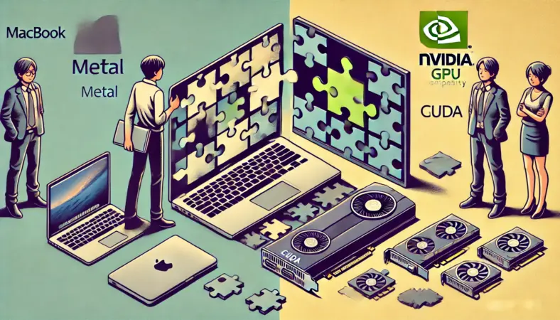 MacBookとWindows PCを比較する日本人男性のイラスト。Mac側ではGPU処理で互換性の問題が発生しており、パズルのピースが噛み合わない様子が描写され、Windows側ではNVIDIA GPUとCUDAによるスムーズな動作が視覚的に表現されている。