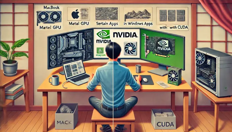 MacBookとWindows PCを並べて比較する日本人男性のイラスト。Mac側ではアプリとの相性が悪くパズルのピースが合わない様子が描かれ、NVIDIA側ではCUDAとのスムーズな連携が視覚的に表現されている。MacのMetal最適化とWindowsのCUDA最適化の違いを象徴する現代的なデスク環境の構図。