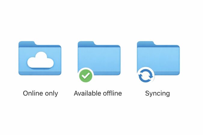 OneDriveの同期状態アイコン（雲・チェック・矢印）の見分け方イメージ