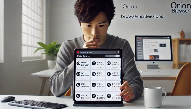 Orionブラウザで拡張機能をテストしている日本人ユーザーがiPadを操作している様子。スタンドやキーボードが置かれた明るく整った作業環境の中で、ユーザーは画面に集中している。拡張機能の利用可能性を検証するシーン。