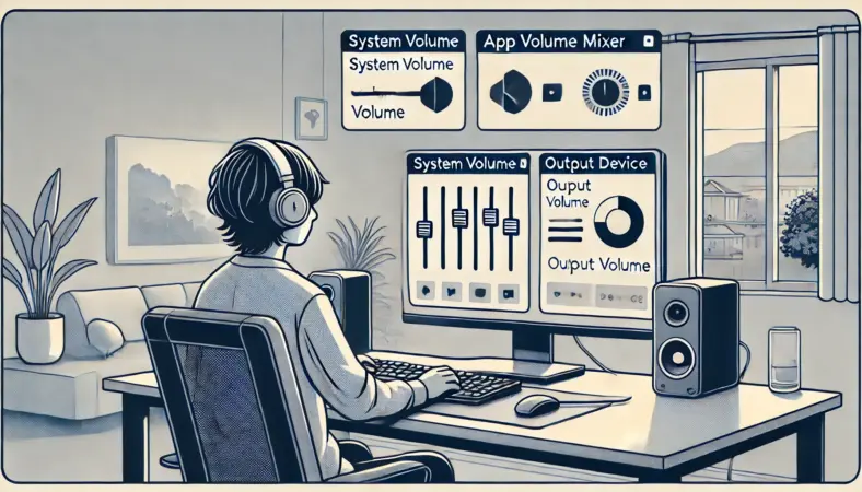 日本人の人物がWindowsパソコンでシステム音量、アプリ別ミキサー、出力デバイスの音量設定を確認しているイラスト。整ったデスク環境にPCや有線ヘッドホンが置かれており、自宅の作業スペースのような雰囲気で描かれている。