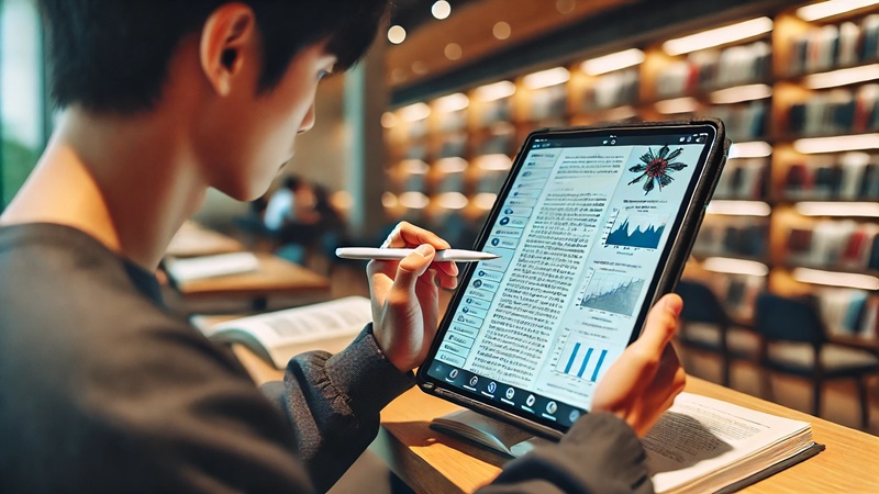 iPadで重めのPDF資料をスムーズに閲覧・書き込みする日本人大学生。図や表が多いページで快適に操作する