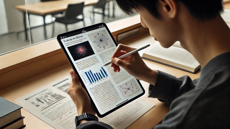 学期末にiPadで使ったノートアプリや資料を見返し、学習成果を振り返る日本人大学生。満足げな表情が印