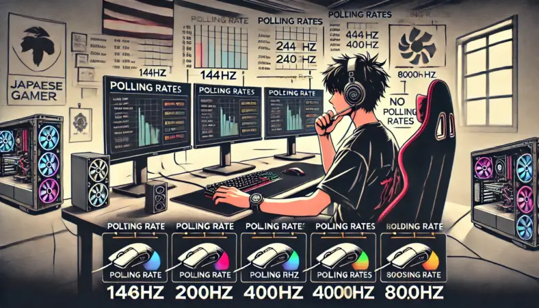 FPS用にモニターのリフレッシュレートとポーリングレート設定を最適化している日本人ゲーマーのイラスト