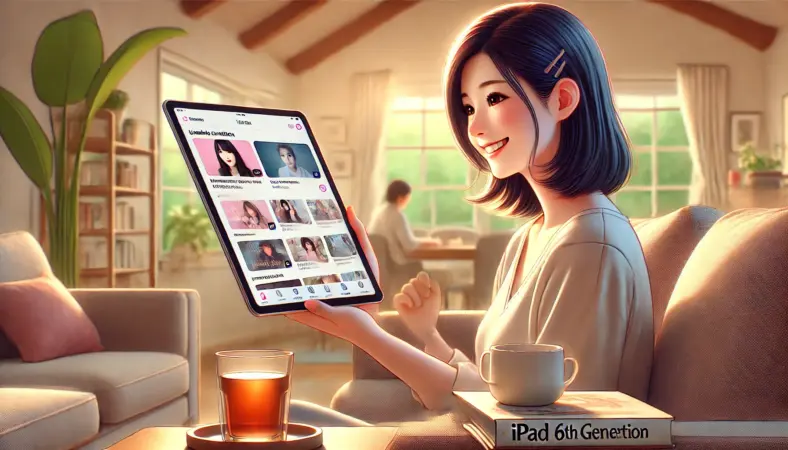 ソファに座って笑顔でiPad第6世代を使い、動画視聴と電子書籍を楽しむ日本人女性のイラスト。日常用途としてまだ現役で使える状況を表現した、温かみのあるリビングの風景。