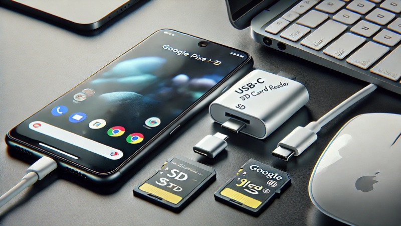 OTG対応でSD/microSD両対応のUSB-CカードリーダーとPixelスマホのシンプルな組み合わせ。