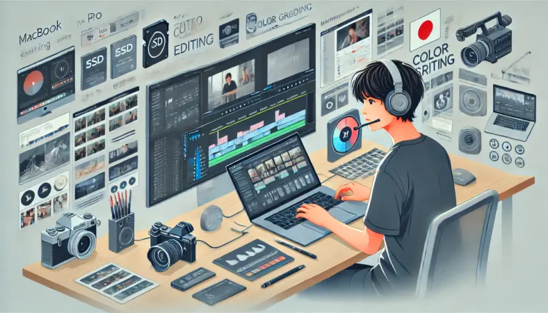 日本人のクリエイターがMacBook Pro 14インチを使って動画編集をしている様子。複数の映像レイヤーや外部SSD、カメラが接続され、集中して作業している場面