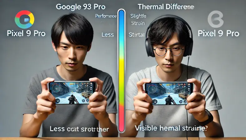 Pixel 9 ProとPixel 8を比較する2人の日本人ゲーマー。Pro側はスムーズで冷却状態良好、8側は発熱とパフォーマンス低下が視覚的に表現されている。