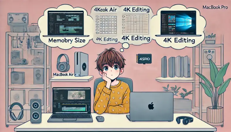 MacBook AirとMacBook Proを机に並べ、スペックや使い方を比較検討している日本人クリエイターのアニメ風イラスト。整理された作業環境で、動画編集に最適な選択肢を真剣に考えている様子。