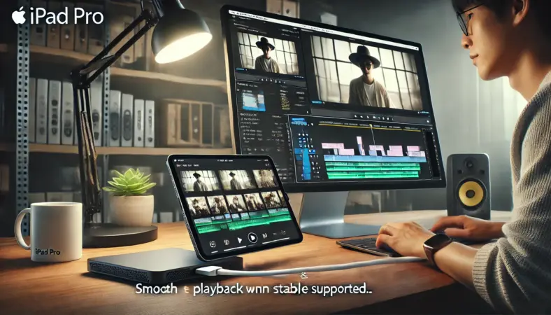 外部モニターとSSDを接続したiPad Proで快適に動画編集を行う日本人。滑らかな再生や安定した書き出しが可能な、ハイスペックな環境が整ったワークスペース。