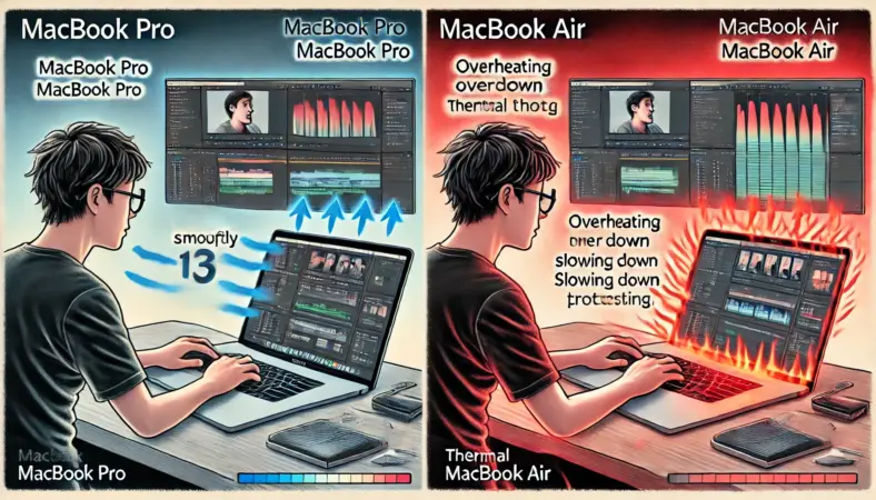 MacBook ProとMacBook Airのパフォーマンスを比較するイラスト。日本人男性がProでは快適に動画編集を行っており、Airでは本体の熱が原因で処理速度が低下している様子が描かれている。Proは冷却スタンドの上にあり、Airは直接机に置かれ熱がこもっている描写で、サーマルスロットリングの影響が視覚的に表現されている。