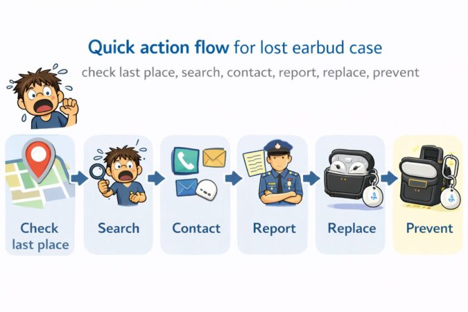 Quick action flow for lost earbud case check last place, search, contact, report, replace, prevent